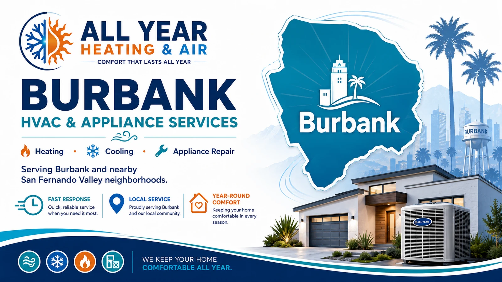 Custom All Year Heating & Air service-area graphic for HVAC and appliance service in Burbank