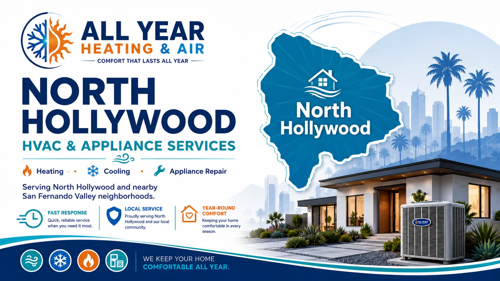 Custom All Year Heating & Air service-area graphic for HVAC and appliance service in North Hollywood