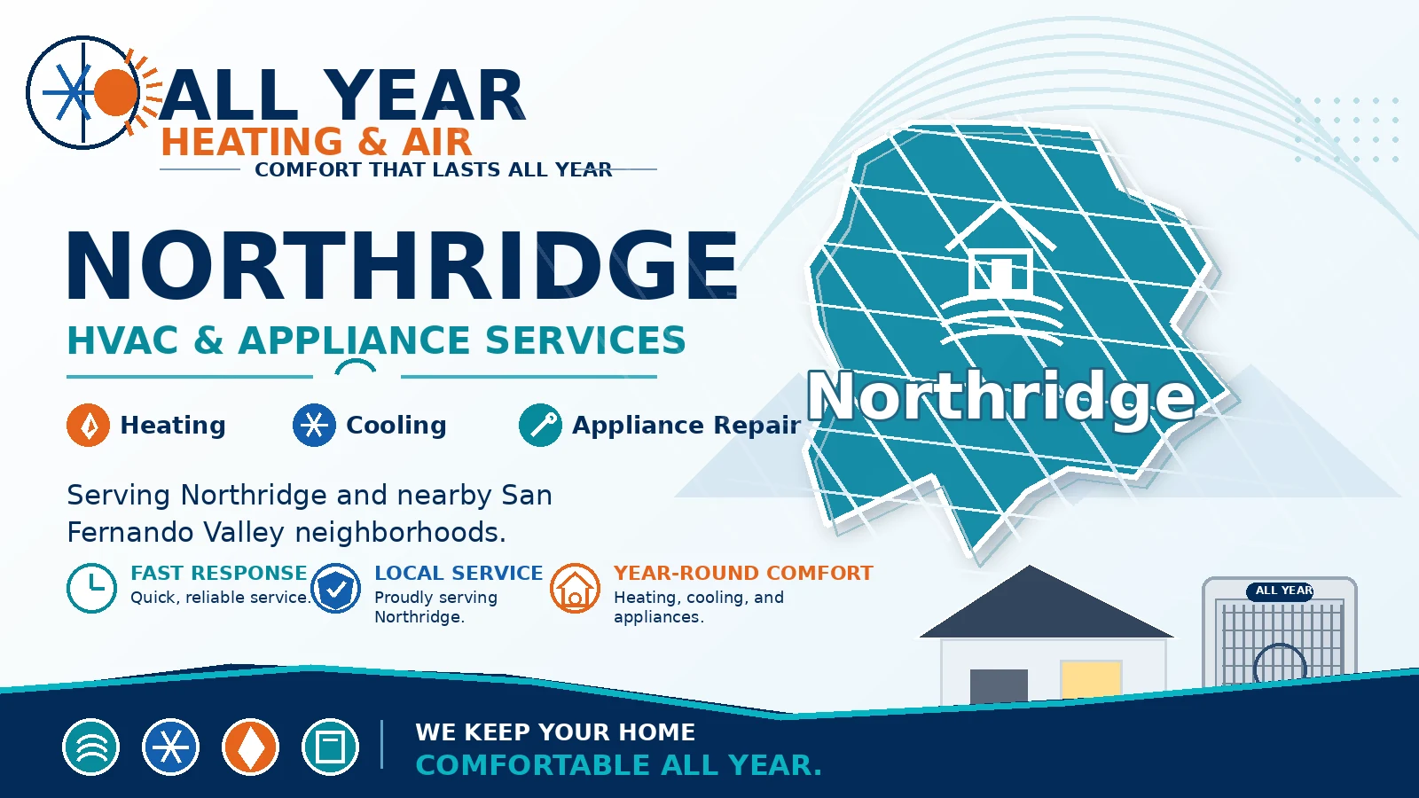 Custom All Year Heating & Air service-area graphic for HVAC and appliance service in Northridge